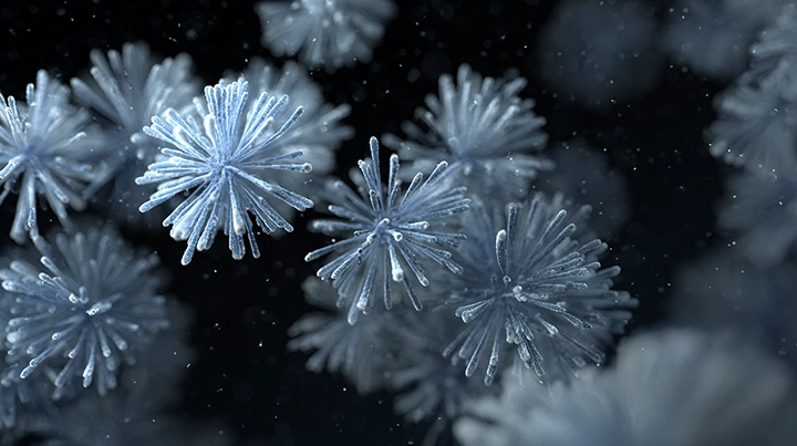 Microscopy-style render of fungal spore clusters in blue-grey tones against dark background