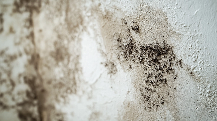 Household mold growing on wall caused by indoor humidity and poor ventilation showing signs of moisture damage