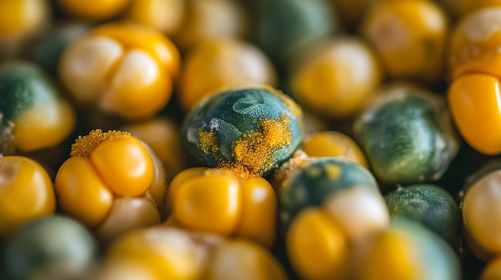 Close-up of Aspergillus flavus mold growth on corn kernels, representing aflatoxin contamination risk that varies by geographic fungal population