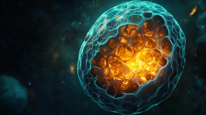 Scientific visualization of a fungal cell with a structured teal cell wall and glowing amber interior, representing cell-wall integrity and its disruption by antifungal treatment