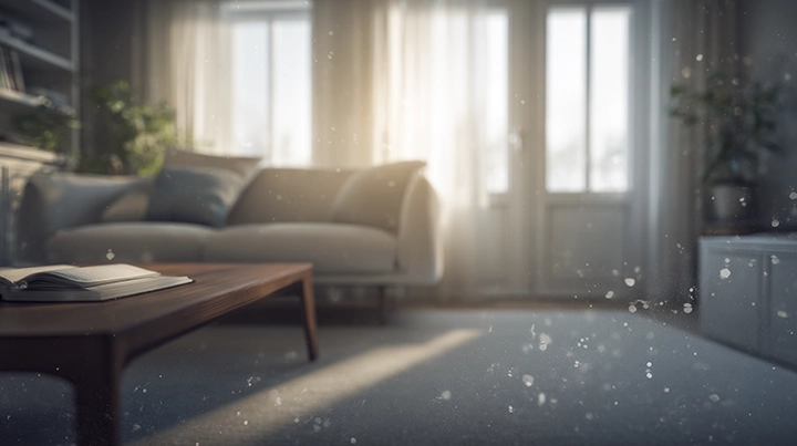 Microscopic view of airborne mold spores floating against a blurred indoor background suggesting invisible allergen exposure