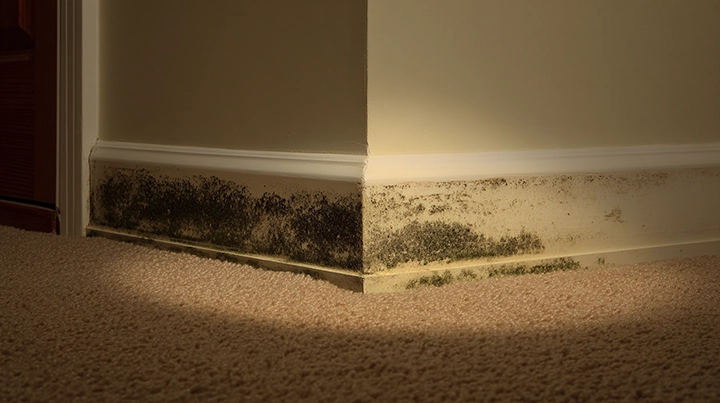Close-up of black mold growth on a damp interior wall surface in a residential setting
