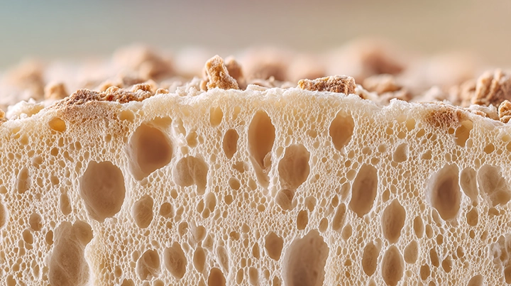 Close-up of mold growth on the surface of bread showing fuzzy fungal texture against a soft background