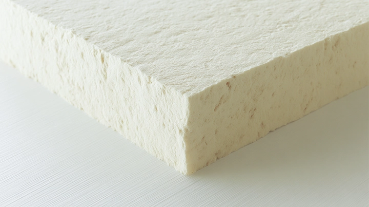 A rectangular mycelium-based insulation panel with organic cream-white texture, produced from fungal mycelium grown on hemp substrate