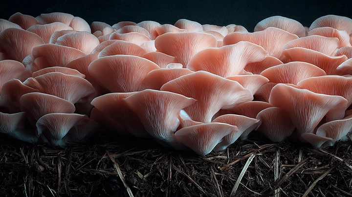 Pink oyster mushroom Pleurotus djamor growing in clusters on organic substrate in warm natural light