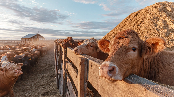 Beef cattle feeding at a feed bunk in a finishing lot, showing grain-based diet under natural light