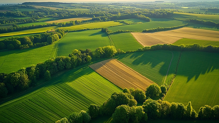 Aerial view of agricultural landscape with crop fields and vegetation patches showing land-use patterns that influence soil fungal pathogen diversity