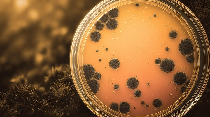 Dark fungal colonies growing on a laboratory agar plate, representing drug-resistant fungi linked to climate change