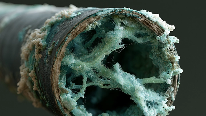 Microscopic fungal hyphae and bacterial biofilm communities growing inside a water pipe