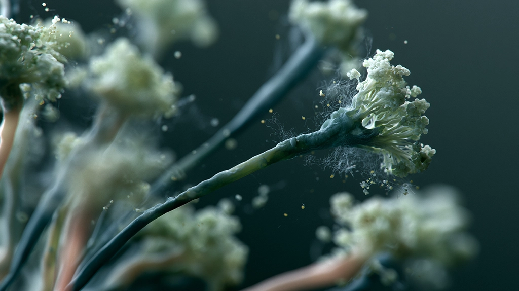 Microscopic view of Aspergillus fumigatus conidiophores releasing airborne conidia spores