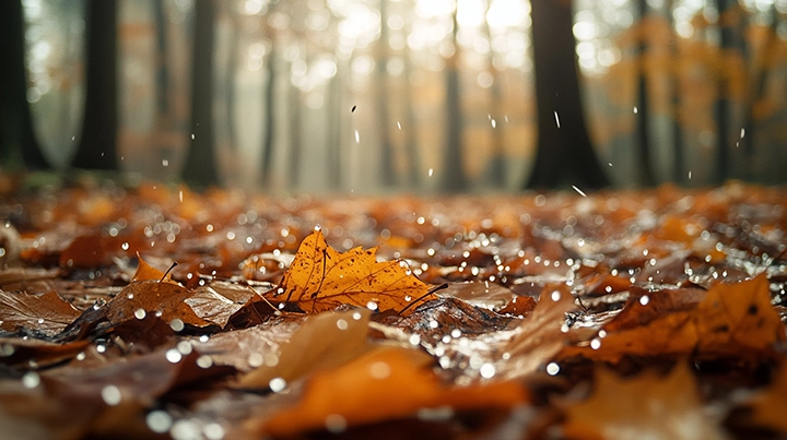 Forest floor covered in decomposing autumn leaves with visible fungal mycelium growth, representing the ecological process of fungal community decomposition