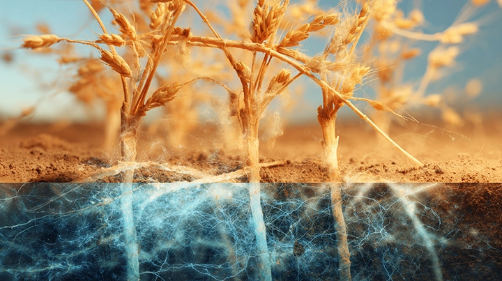 Serendipita indica fungal mycelium colonizing pearl millet roots under drought conditions