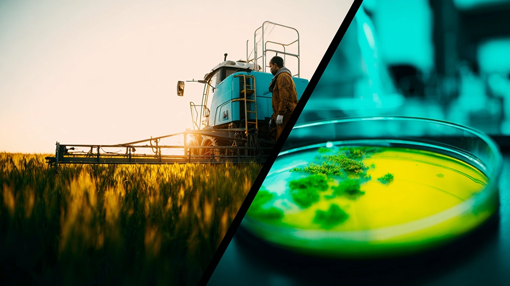 Split composition showing a farmer operating an agricultural sprayer in a golden wheat field and a petri dish with green fungal colonies in a laboratory
