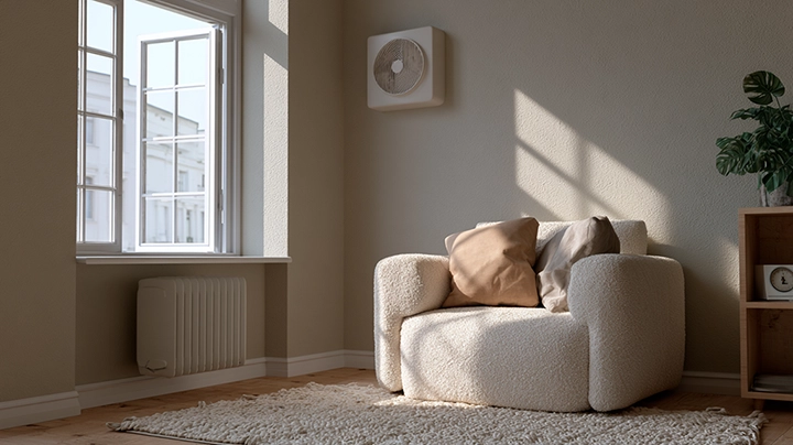 Bright modern living room with a wall-mounted ventilation fan and open window, representing good indoor airflow and moisture control
