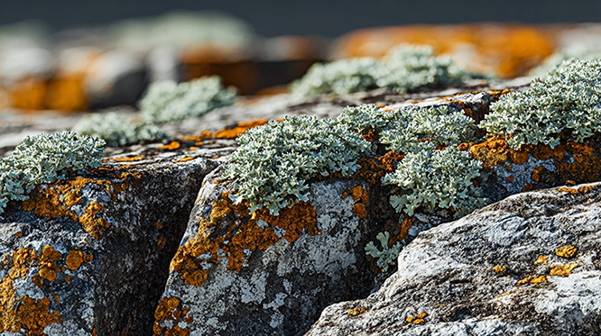 Close-up of lichen growing on rock surface, showing textured fungal and algal structure