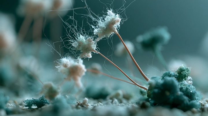 Marine fungal hyphae growing on organic particles in deep ocean water under blue-green ambient light
