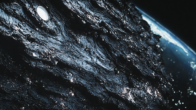 Dark melanized Cladosporium fungi growing on a spacecraft surface with space and Earth visible in the background