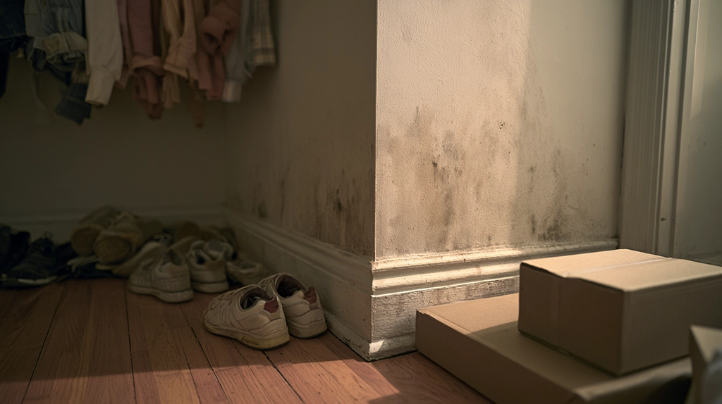 Damp closet corner with mold stains on wall, shoes, and cardboard boxes on wooden floor