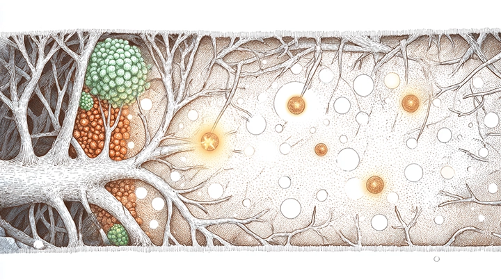 Mycorrhizal fungal hyphae transferring molecular signals into plant root cells underground