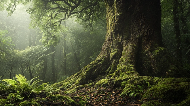 Ancient Alerce tree trunk in a temperate rainforest in southern Chile, representing old-growth forest ecosystems that support rich underground mycorrhizal fungal communities