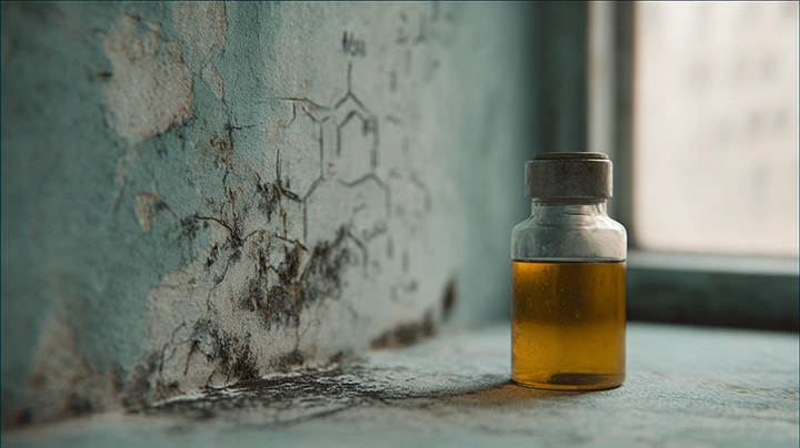 Indoor wall corner with dark mold growth beside a glass vial of amber liquid representing mycotoxin detection in a contaminated space