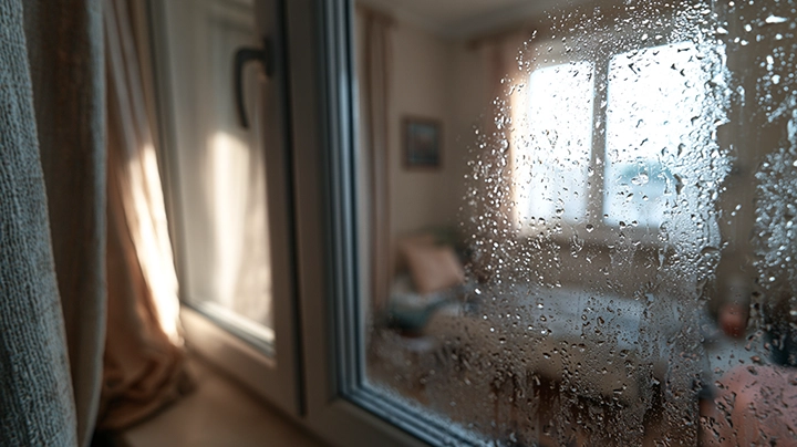 Heavy condensation forming on an indoor window, a common sign of high indoor humidity and potential mold risk