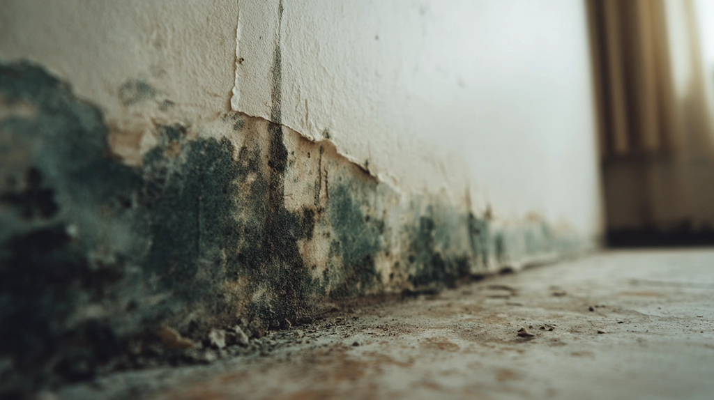 Dark greenish-black mold growing along the base of an interior wall — moisture damage and mold spreading at the wall-floor junction in a residential space