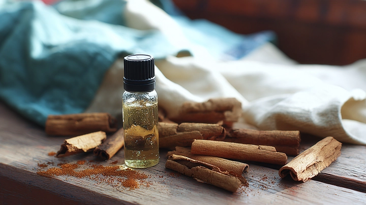Glass vial of cinnamon essential oil beside cinnamon sticks on a wooden surface — representing natural antifungal preservation research