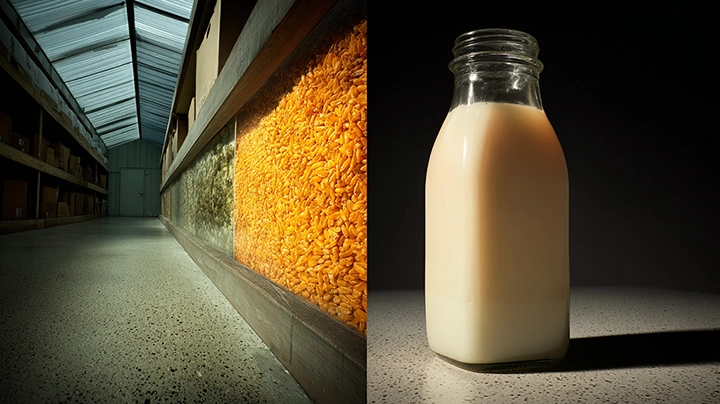 Grain storage warehouse with piled corn feed beside a glass bottle of fresh milk — illustrating the mycotoxin carry-over pathway from dairy feed to milk