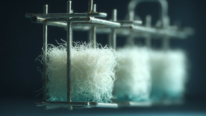 White mycelium threads growing through a lattice scaffold suspended in liquid nutrient solution — representing the mycoponics precision fungal cultivation system