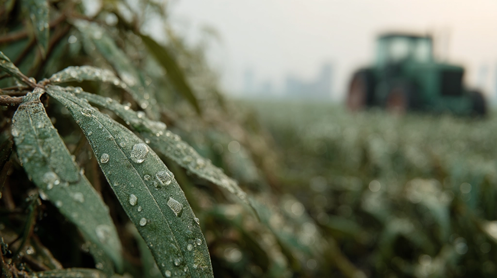 Macro shot of water droplets on crop leaves with a tractor in the misty background, representing precision agricultural intervention against fungal disease